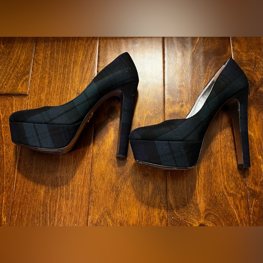 Prada Anthrocite Tartan Platform Heels.